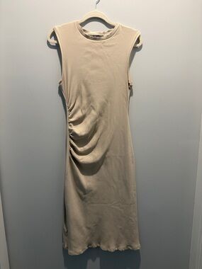 Zara Sleeveless Ruched Midi Dress in Beige